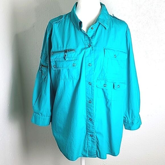 Chico's Dark Teal Buttondown Blouse, Zippers & Pockets, Size Chico's Sz 3, XL/16 - Picture 1 of 12